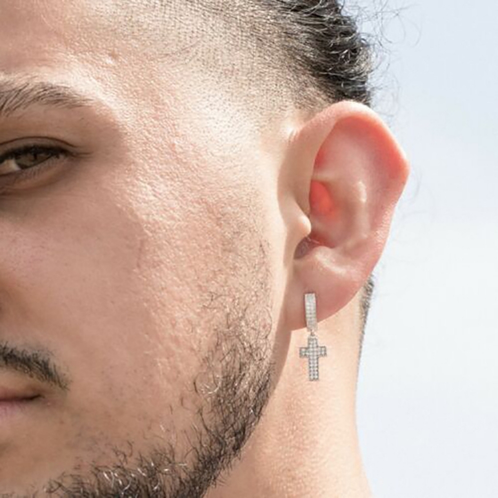 SILVER CROSS DANGLE UNISEX STUD BLING ZIRCON EARRINGS - Picture 7 of 7
